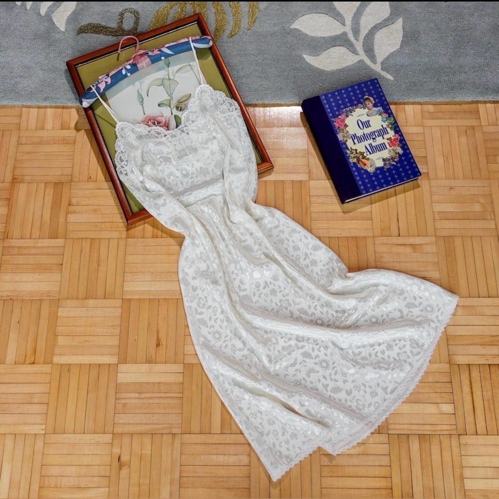 Vintage bridal white floral print midi length satin slip dress